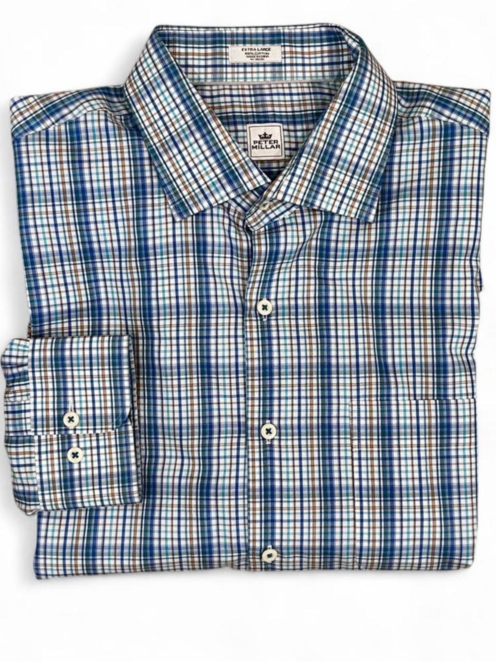 Peter Millar Blue and Brown Plaid Long-Sleeve Dress Shirt XL